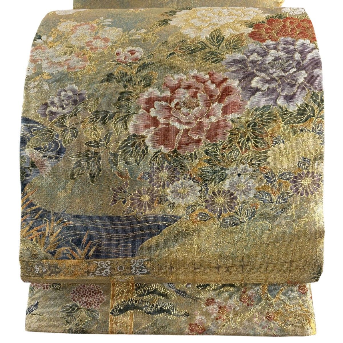 丸帯 逸品 牡丹 流水 金糸 箔 金色 お太鼓柄 正絹 【中古】