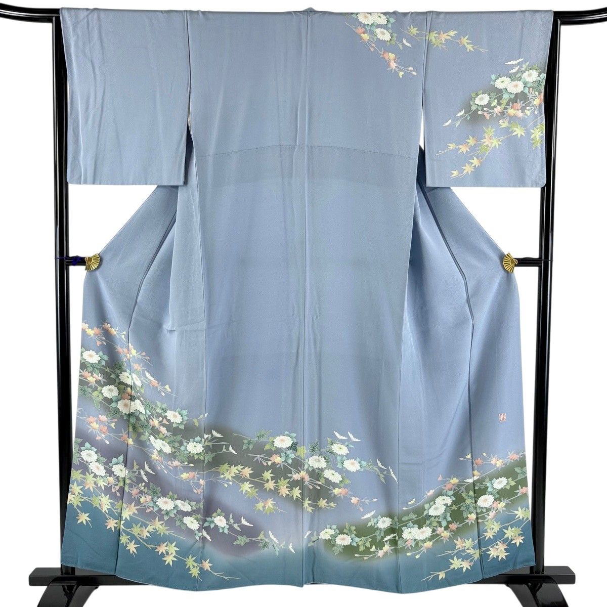 訪問着 身丈158cm 裄丈64.5cm M 袷 落款 草花 楓 ぼかし 水色 正絹 秀