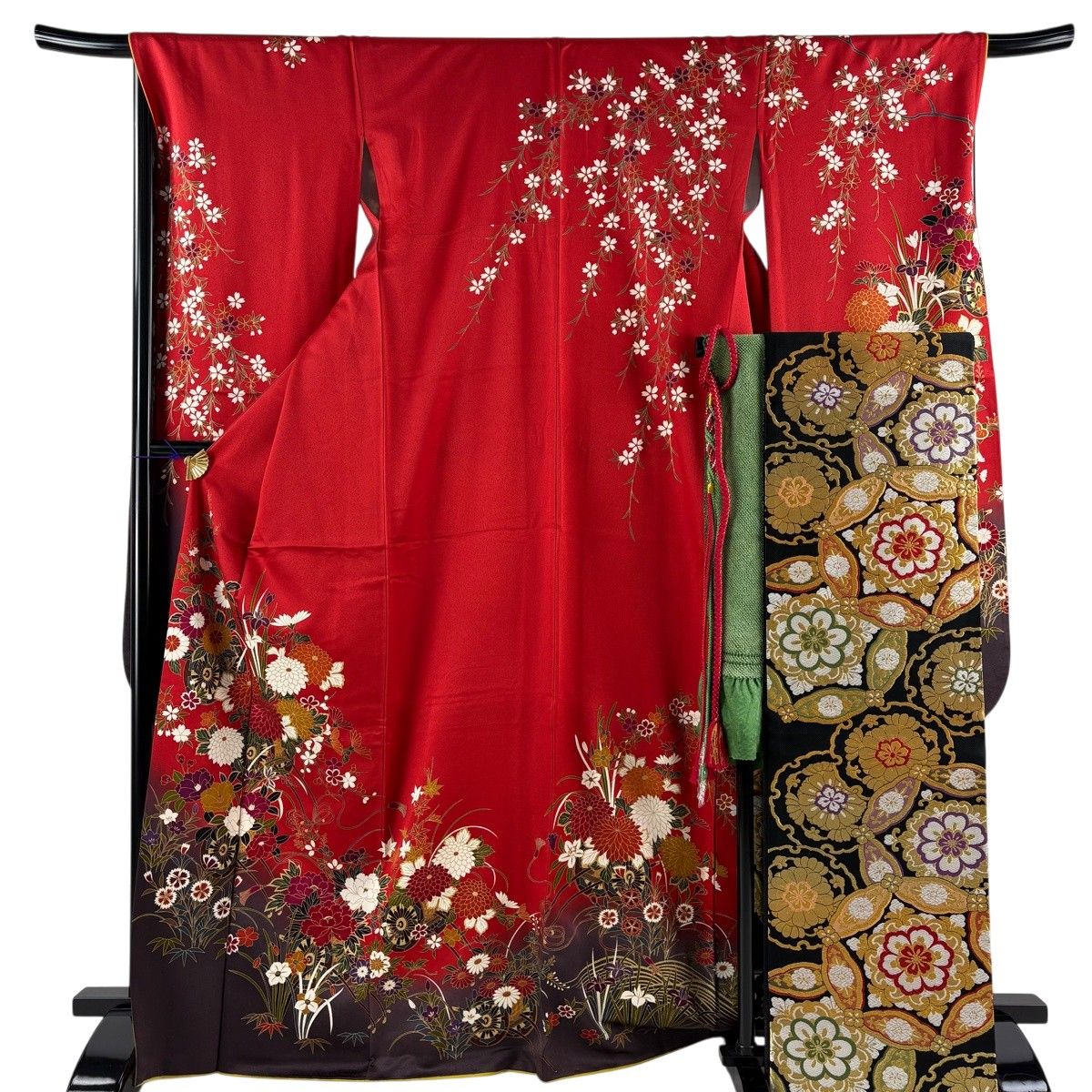 振袖 身丈168.5cm 裄丈68.5cm L 袷 草花 手鞠 ラメ 金彩 赤 正絹 名品 
