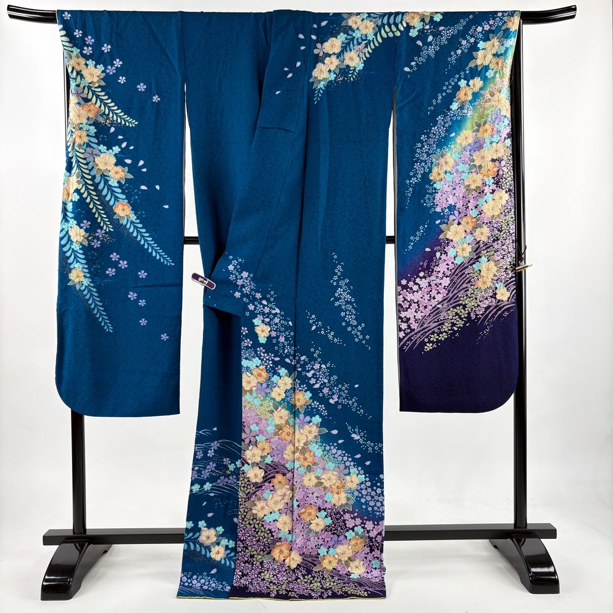 振袖 身丈172cm 裄丈69cm L 袷 草花 波 絞り 金彩000000000000000 青緑