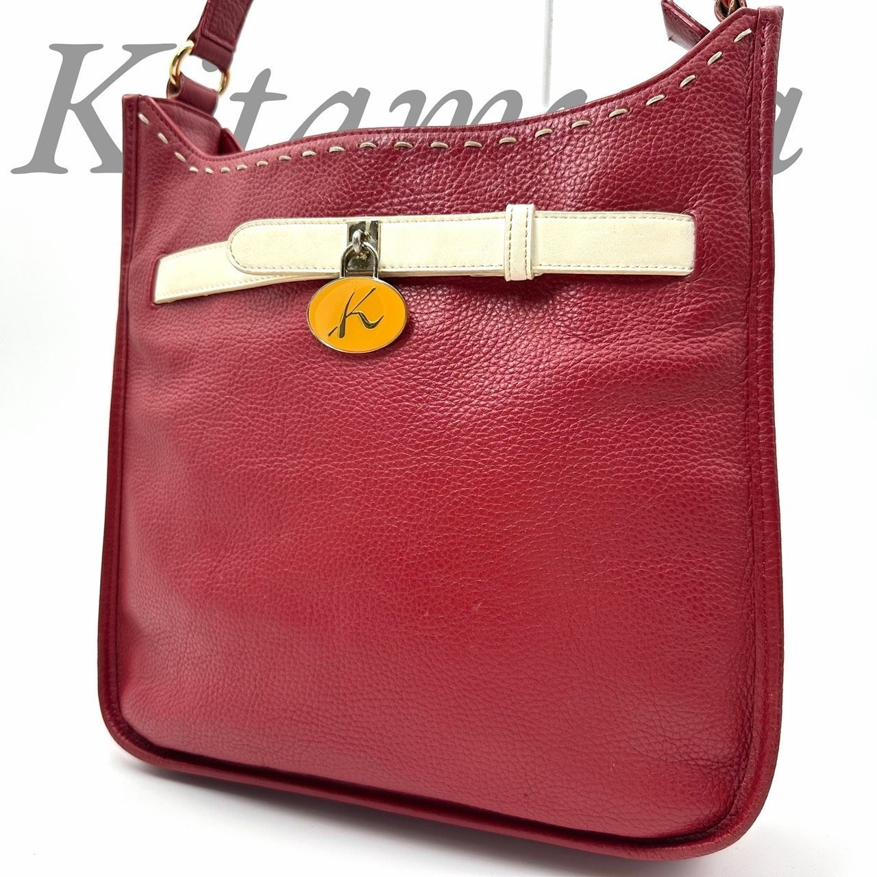 B5244】 Kitamura キタムラ ショルダーバッグ レザー シボ革 レッド