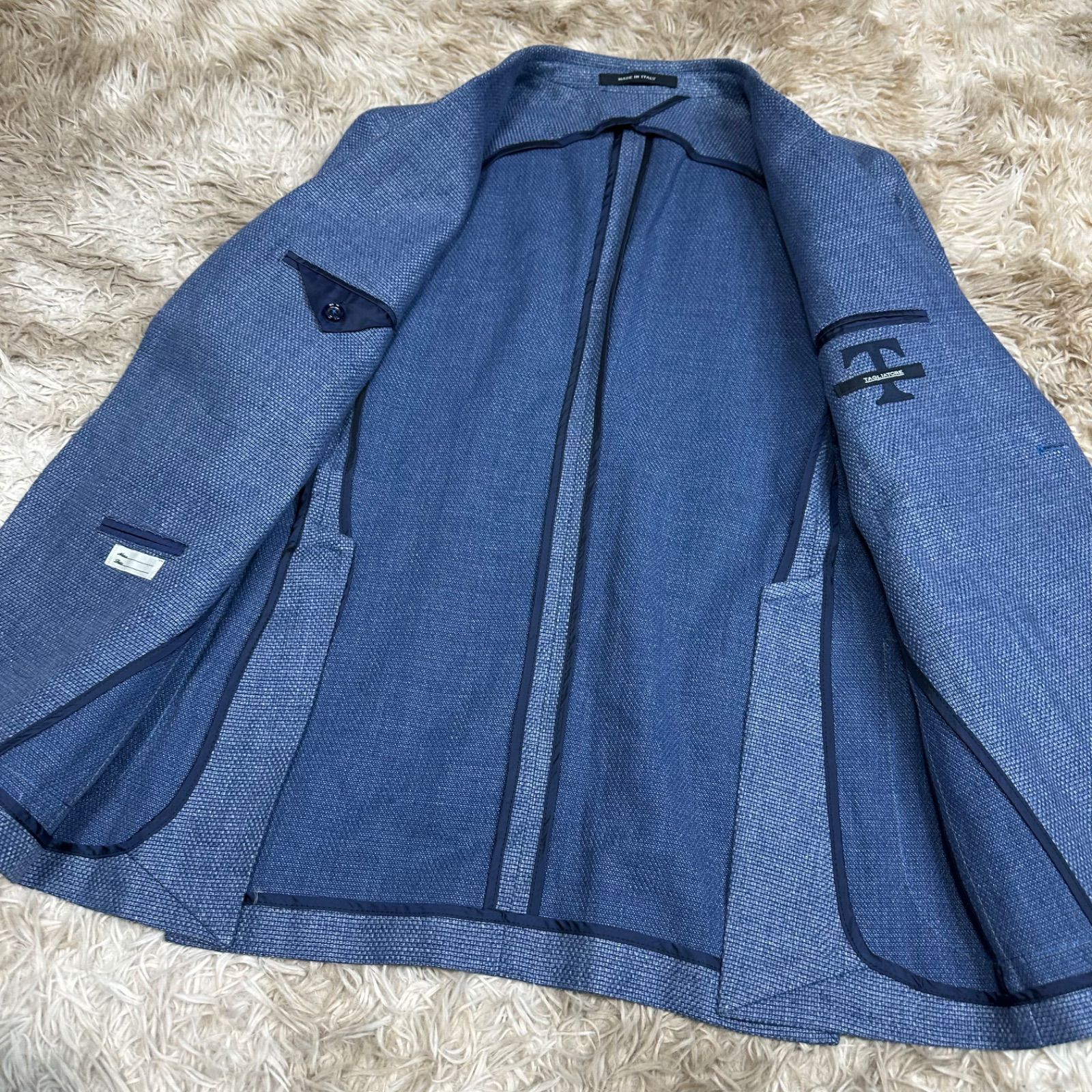 リネン混 TAGLIATORE テーラードジャケット ホップサック ネイビー 48