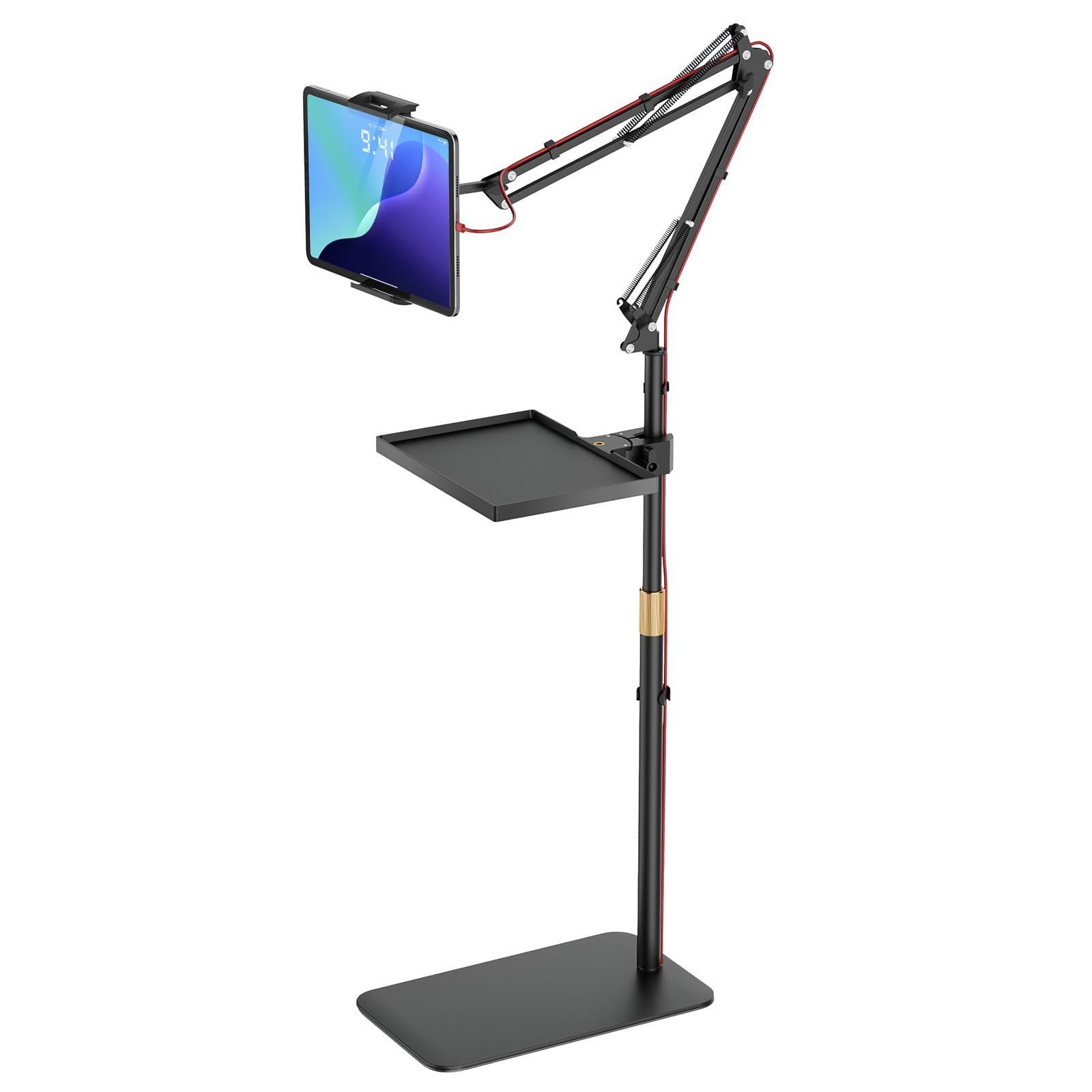 【即日発送】スマホ/タブレット/モバイルモニタ対応 360度回転 ブラック 土台強化 小物置台付き 2.0KG耐荷重 45-140CM高さ調整 4.7-17.3インチ対応 寝ながら iPadアーム 伸縮式 床置き スタンド タブレット