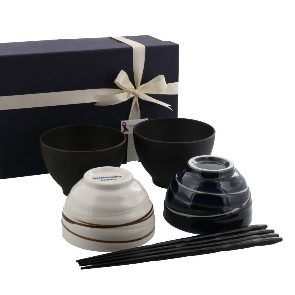 【数量限定】包装紙ラッピング (ホワイト×ネイビー) 茶碗 食器セット らせん夫婦茶碗＆お椀＆箸ペア6点セット 和食器