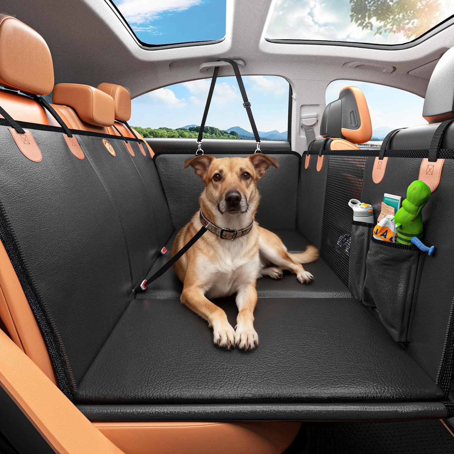Ebuty ペットドライブシート【座席硬化 落ち防止】後部座席 車 犬 シートカバー 大型犬 防水 滑止め ハーネス付きドライブベッド 丈夫 汎用版 空間拡張 可視メッシュ窓 リード 傷つきにくい 取り付け簡単 折り畳み式 カバー くるまシート 洗濯可 旅行
