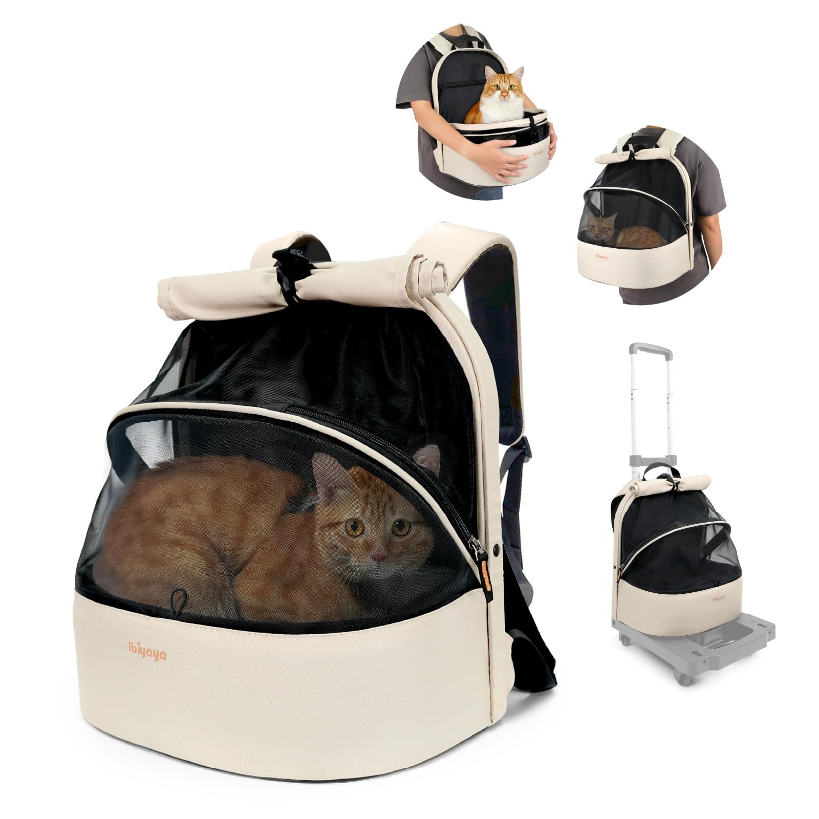 ibiyaya FC2462 猫 犬 ペットリュック 3WAY 90°開口デザイン 通気性 安定性 軽量 収納 折りたたみ 散歩 小型犬 中型猫 前抱き 背面用 スーツケースの取手に差し込み ペットキャリーバッグ (マット、飛び出し防止リード付き) アルミニウ