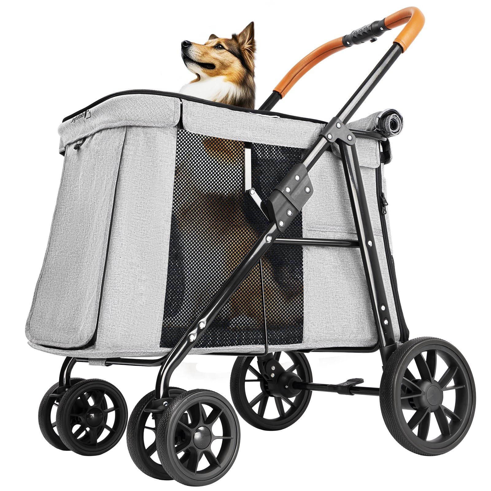 Joyfultails ペットカート 大型犬 中型犬 多頭用 ドッグカート ワンタッチ 折りたたみ式 耐荷重30KG 大空間 わんわんカート 低床型 乗り降りラクラク ペットバギー 4輪 前輪360°回転 後輪ブレーキ付き 犬用ベビーカー お出かけ 散歩 通院