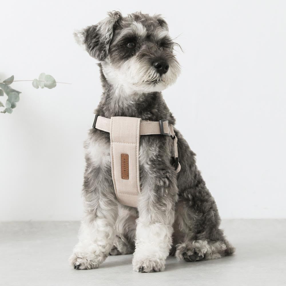monch?ri モンシェリ [レザー×リネンハーネス] 犬 ハーネス 小型犬 (L/ベージュ) サイズ調節可能 ワンタッチ 着脱簡単 犬用 お散歩 お出かけ｜お散歩グッズ