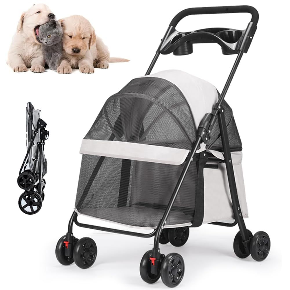 Athvcht ペットカート キャスター付き 360°回転 ペット用ベビーカー 犬用ベビーカー （製品サイズ49*69*97cm・グレー）組み立て簡単 軽量 通気 折りたたみ式 犬用カート収納簡単 多機能 介護/公園散歩/旅行/通院 収納 大容量 犬&猫
