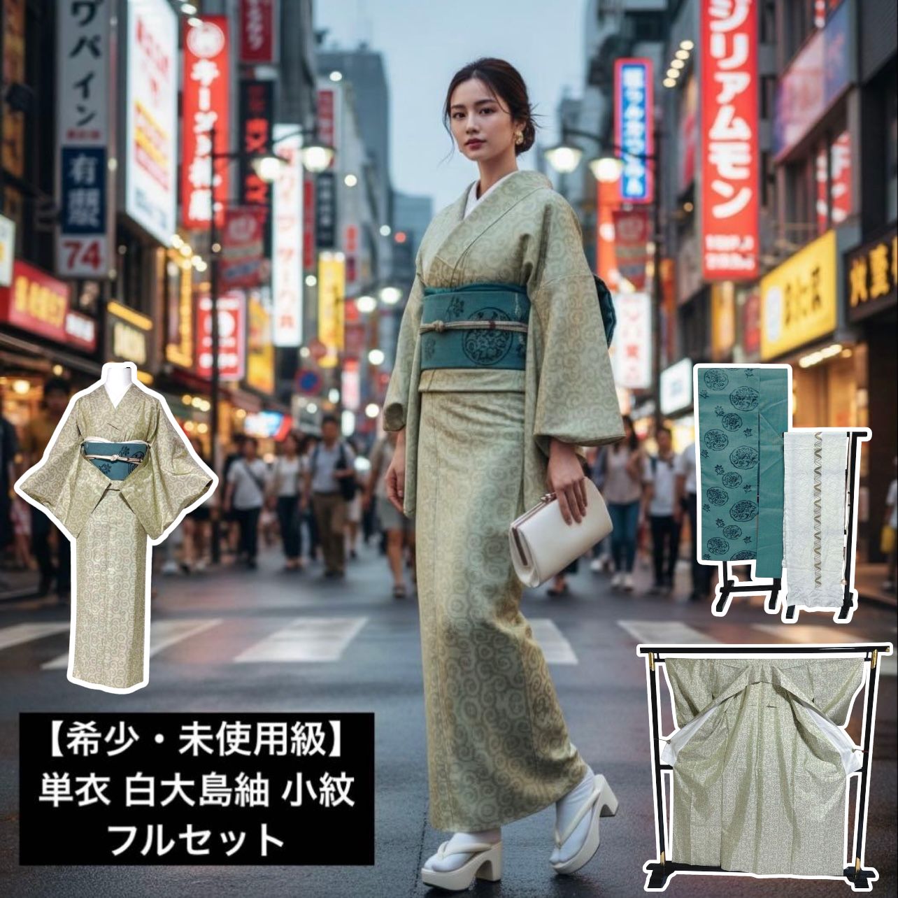 希少・未使用級】単衣 白大島紬 小紋 フルセット｜上品淡色 美品 すぐ