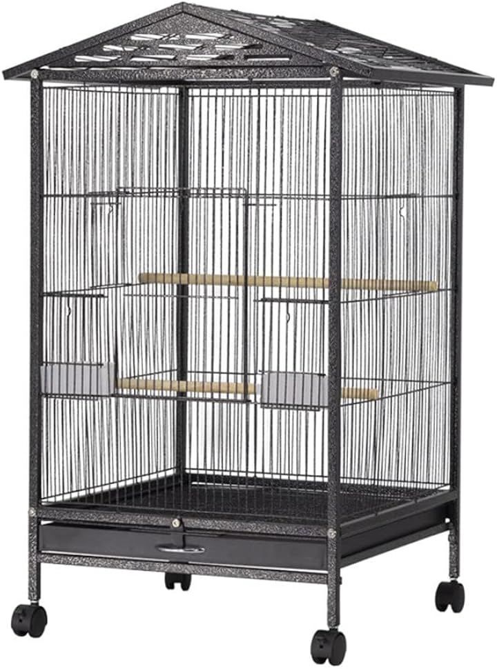 Aeon hum 鳥かご 鳥ケージ バード 大型 豪華 大きい 複数飼い キャスタ-付き インコ オウムケージ オカメ セキセイ ボタン 文鳥 (ブラック, 44L x 44W x 86H cm)