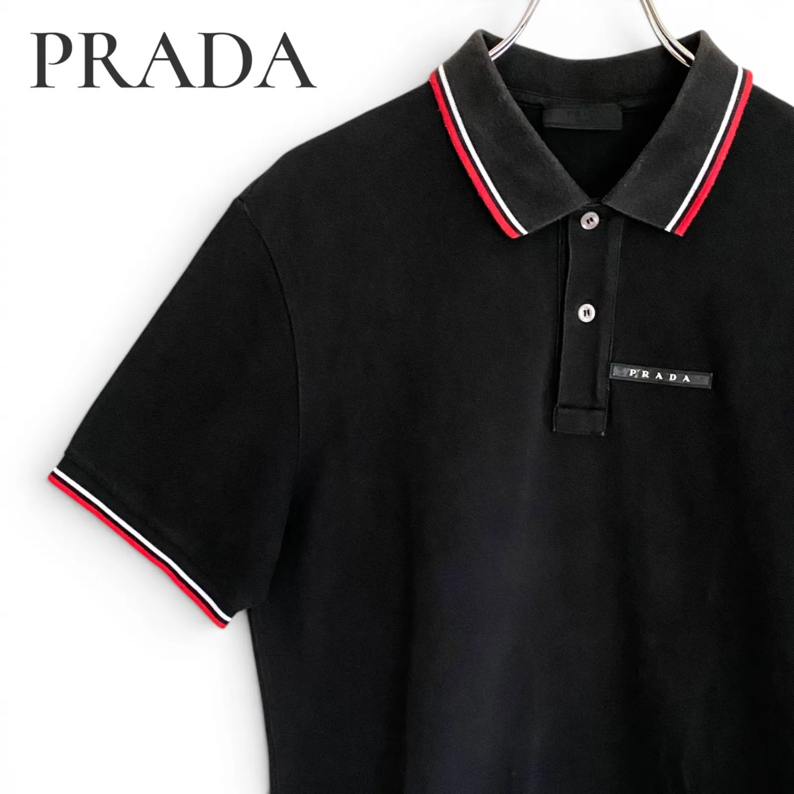 PRADA プラダ ブラック シリコン製ロゴパッチ メンズ トップス 半袖 ポロシャツ 赤ライン 高級 ボタン 大きいサイズ ゆったり【XXLサイズ】管理番号：2177-4164 10,800円