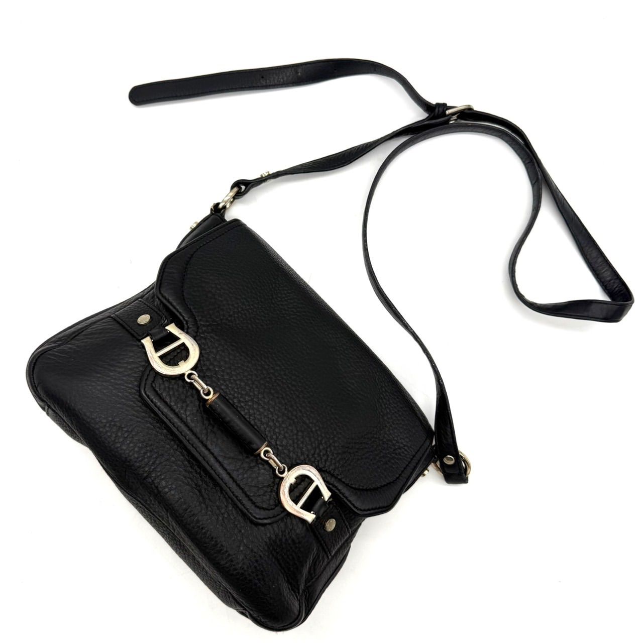 AIGNER アイグナー ショルダーバッグ レザー 黒 シルバー金具 斜め掛け 