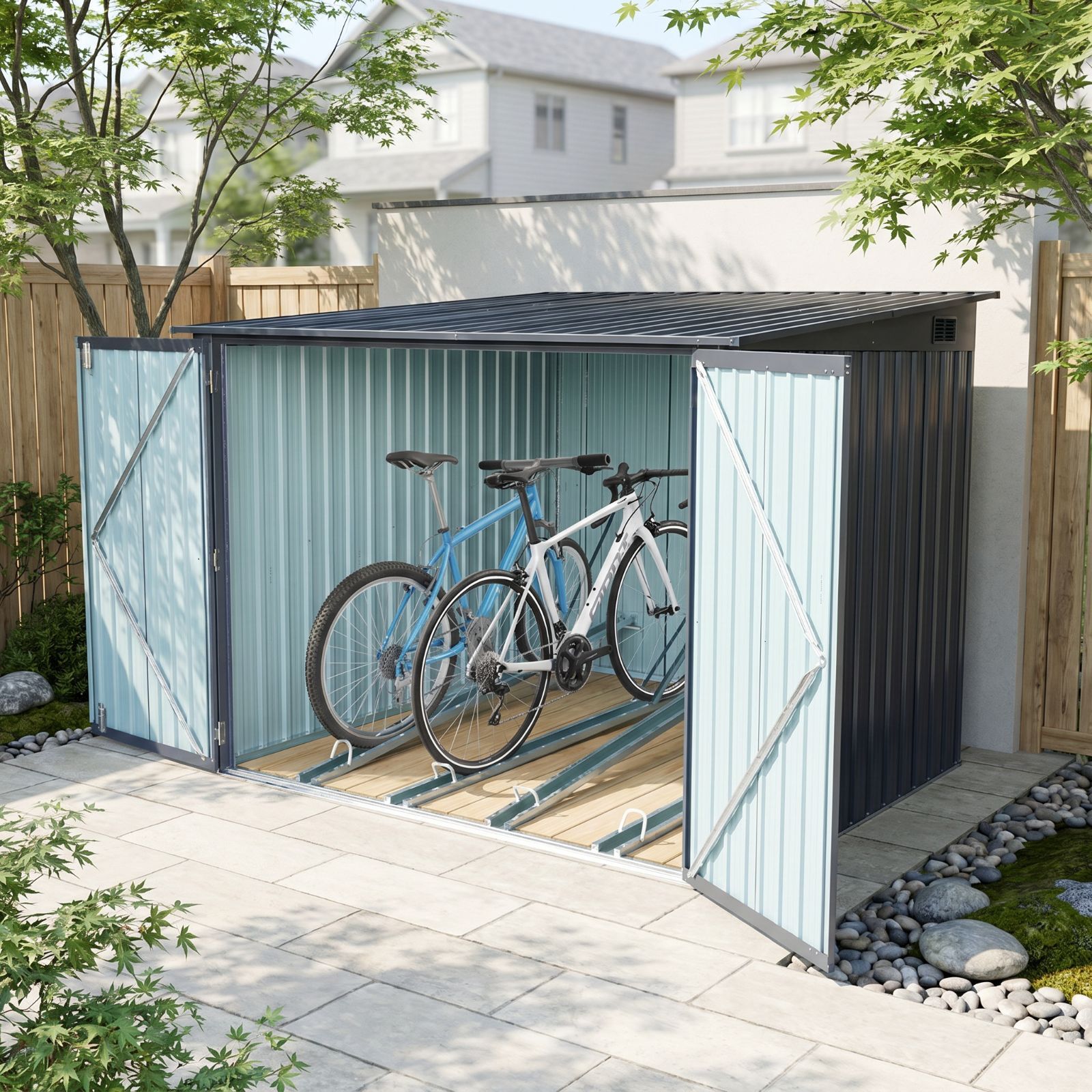 【期間限定｜1000円クーポン配布中】物置 屋外 大型 206×204×162cm 自転車収納 スチール倉庫 両開きドア 施錠可能 防水 防さび ゴミ箱収納 ベランダ 庭 収納庫 大容量 ガーデニング収納 ベランダ ガーデニング収納 ゴミ箱収納 屋外収納庫