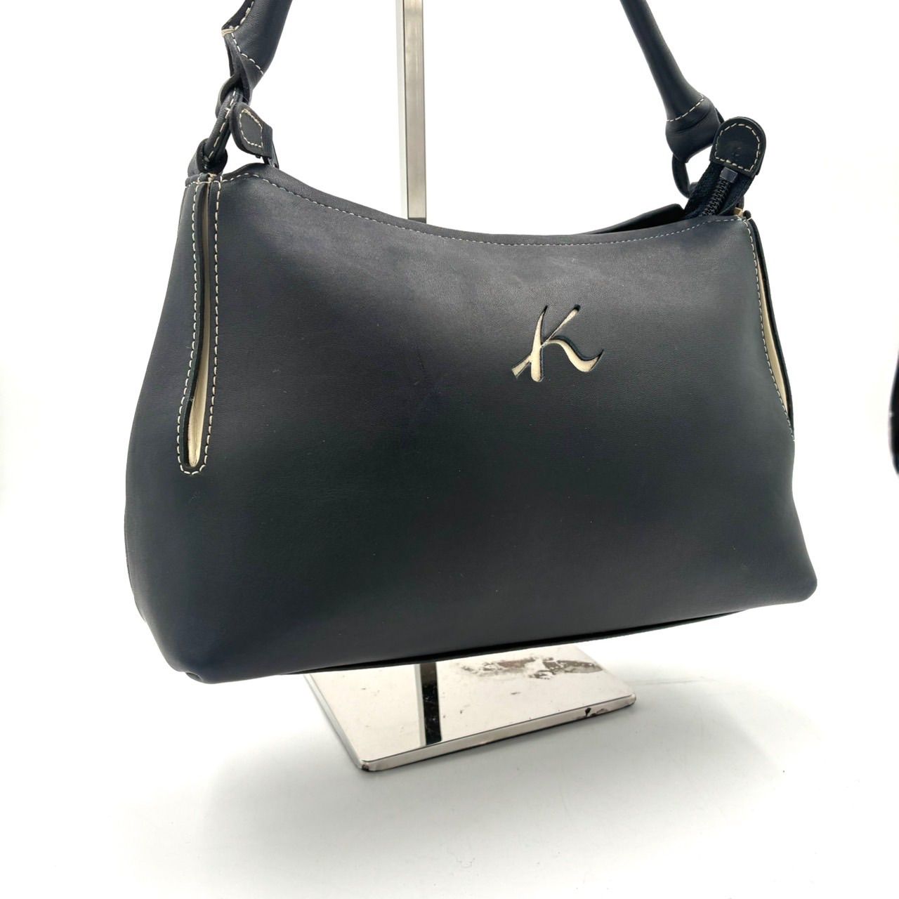 美品】キタムラ Kitamura ハンドバッグ レザー ネイビー 紺 Kロゴ 