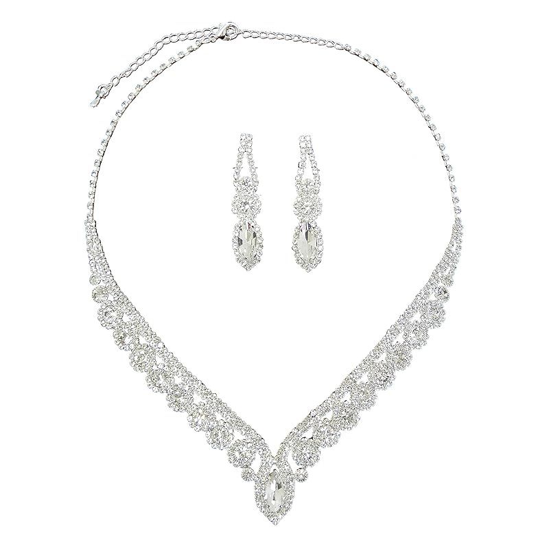 【新品】 [AN SHU] アンシュー ラインストーン ネックレス イヤリングセット ピアスセット 結婚式 ウエディング ドレス コンテスト パーティー (イヤリングセットシルバー) 0