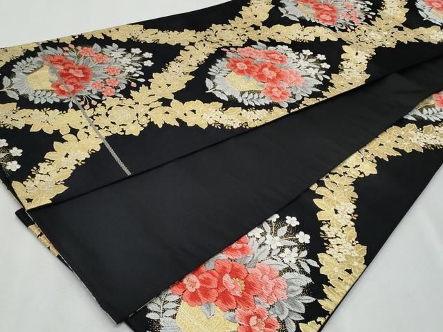平和屋着物●六通柄袋帯　麻の葉文様　黒地　金通し地　正絹　逸品　CABD5652hy 平和屋着物◎六通柄袋帯 唐織 花籠文 黒地 金糸 正絹 逸品 CABF7082fb