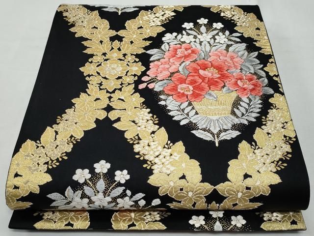 平和屋着物●六通柄　本袋帯　花双モール　黒地　金糸　正絹　逸品　CABC5445hy 平和屋本店○極上 1854年創業 帯屋捨松 六通柄袋帯 唐織 舞花文 黒地