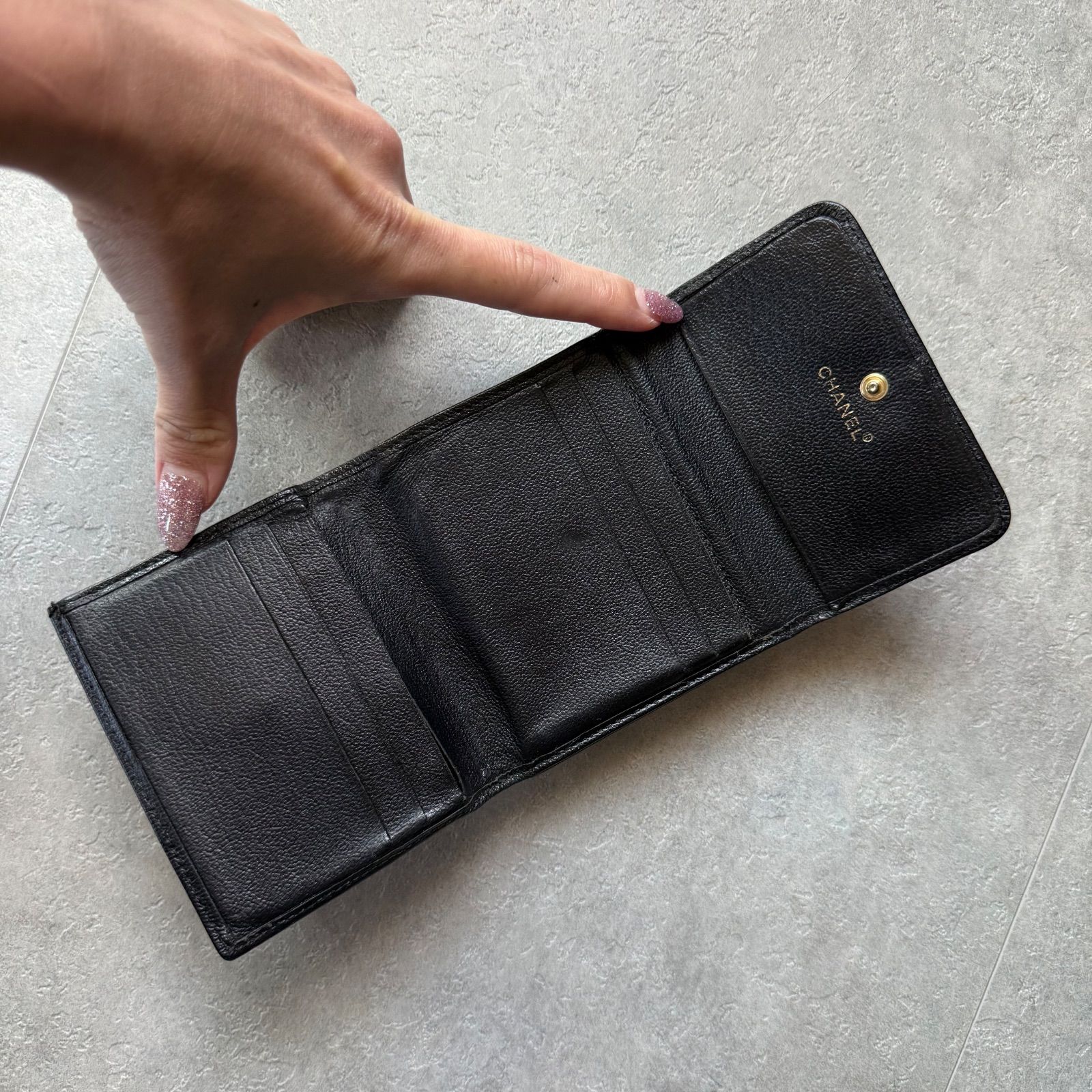 CHANEL シャネル ココマーク レザー 三つ折り財布 wホック ブラック 黒 