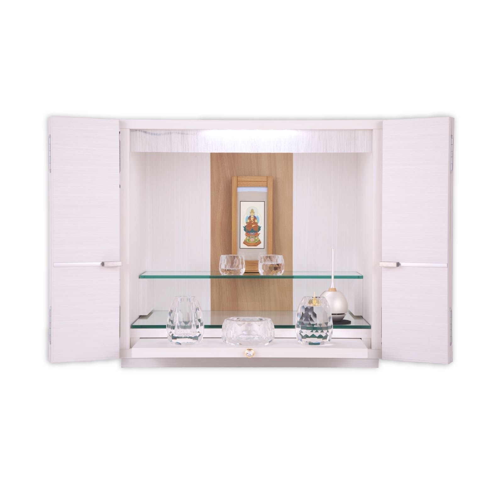 【88％OFF！！】【限定1本】モダン仏壇 サンティエ 日本製 アウトレット 白 幅44cm×高さ42cm 14号 LEDライト付き スライド棚付き ガラス棚 ホワイト 上置き仏壇 ミニ仏壇 リビング仏壇 おしゃれ シンプル ナチュラル