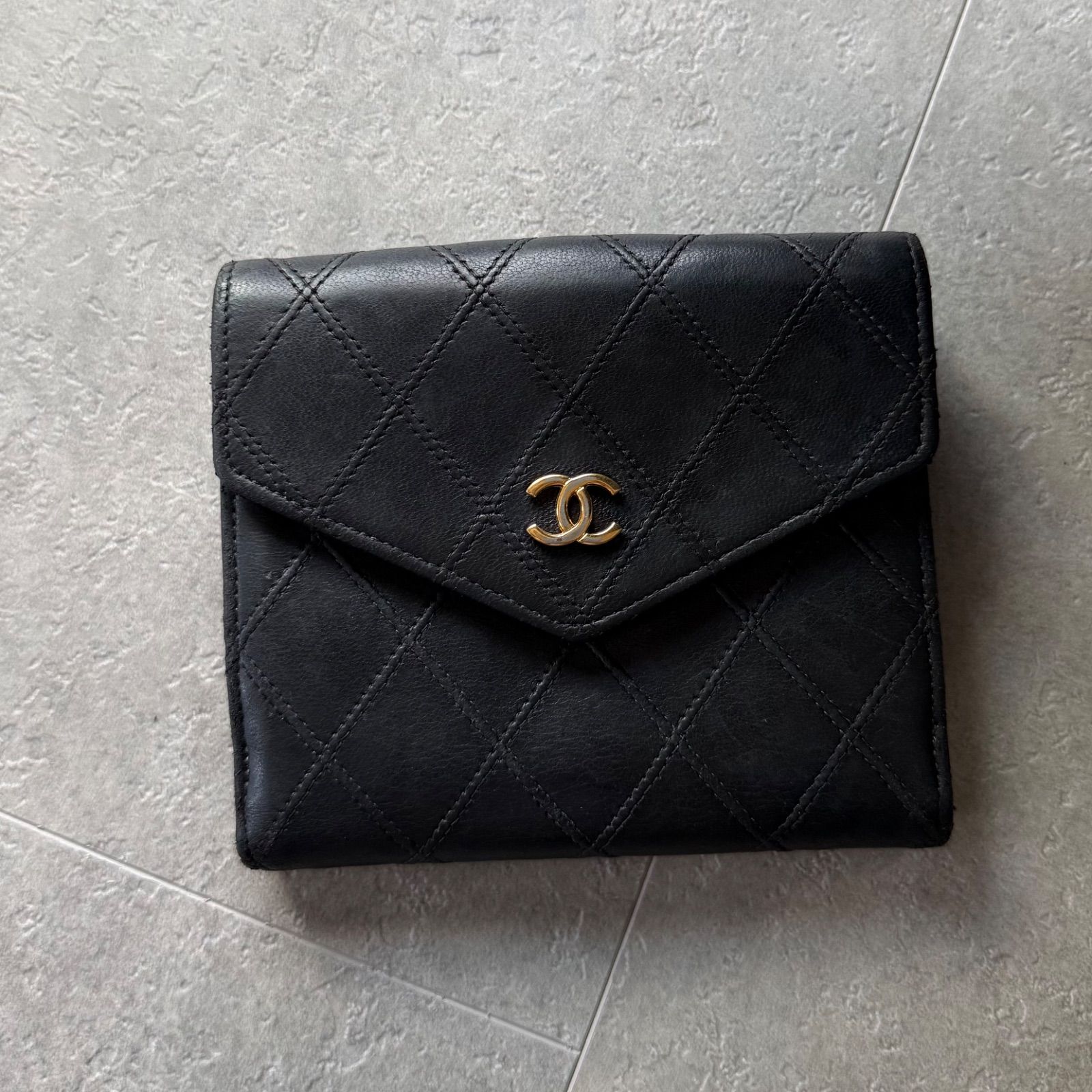 CHANEL シャネル ビコローレ 二つ折り財布 レザー Wホック ブラック 黒