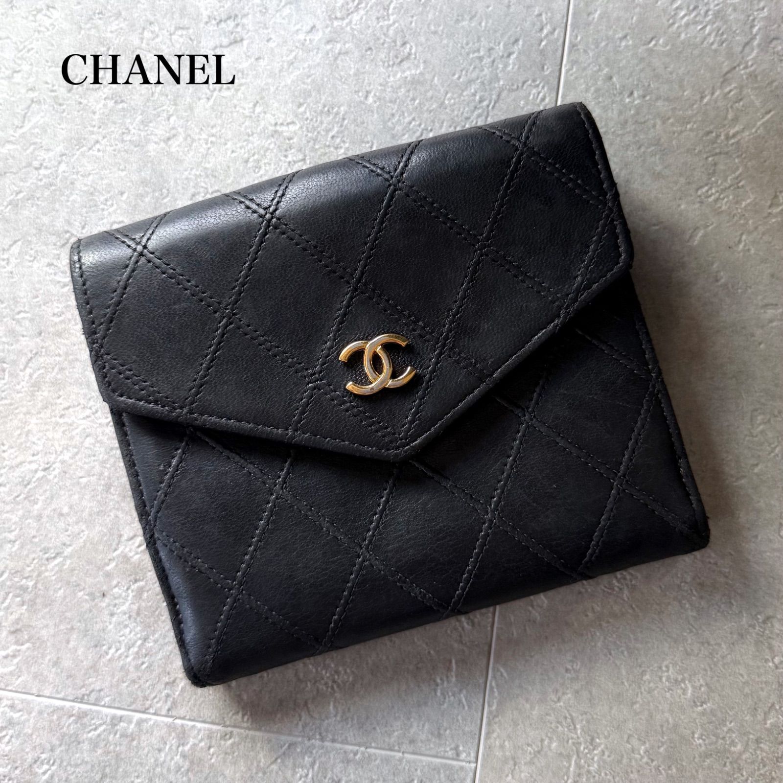 CHANEL シャネル 折り財布 ビコローレ ヴィンテージ Wホック ウォレット CHANEL シャネル ビコローレ 二つ折り財布 レザー Wホック ブラック 黒