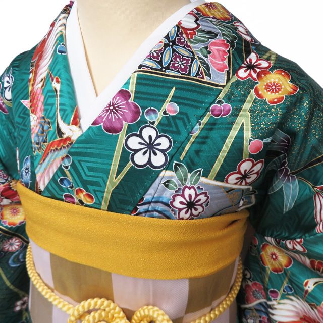 振袖 紅型 着物 中古 正絹 成人式 結婚式 結納 花の図 竹梅 波文 鶴 地