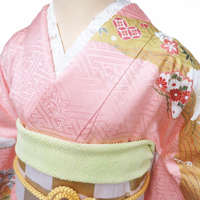 本加工 振袖 襦袢 2点 セット 着物 中古 落款 金駒 松竹梅 御車 地模様