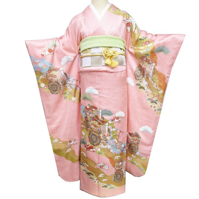 本加工 振袖 襦袢 2点 セット 着物 中古 落款 金駒 松竹梅 御車 地模様