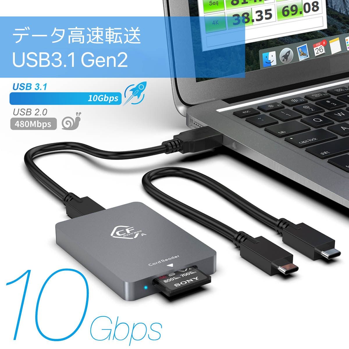CFexpress Type A & SDカードリーダー USB-C 3.2 Gen2 10Gbps高速転送