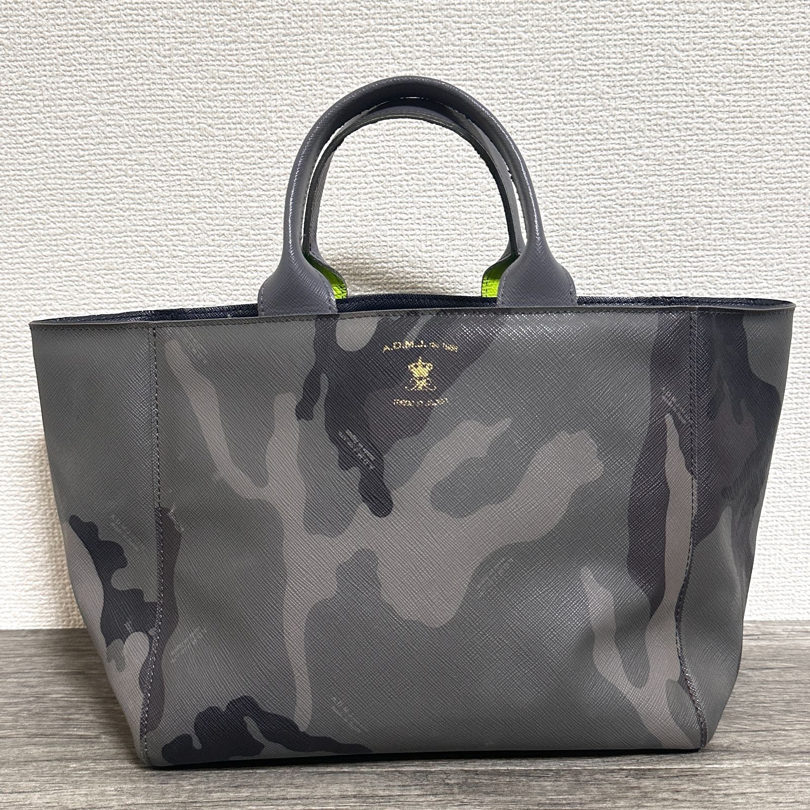 A.D.M.J. PVC×レザー カモフラ柄 ミニトートバッグ ハンドバッグ 迷彩 