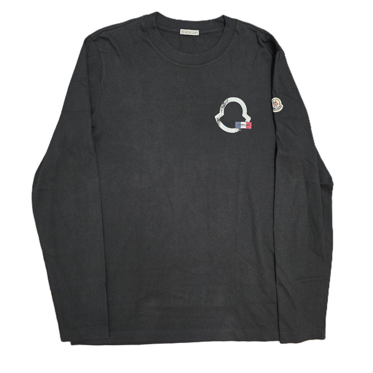 12081【美品・QR鑑定済】モンクレール　パッチロゴ長袖tシャツ　近年モデル黒 MONCLER モンクレール パッチロゴ プリント クルーネック 長袖Tシャツ