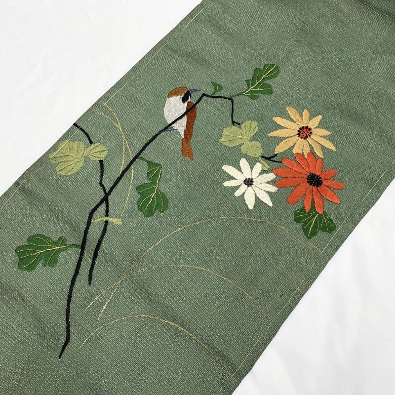 アンティーク 刺繍の名古屋帯 花柄模様 着物 レトロ 大正ロマン