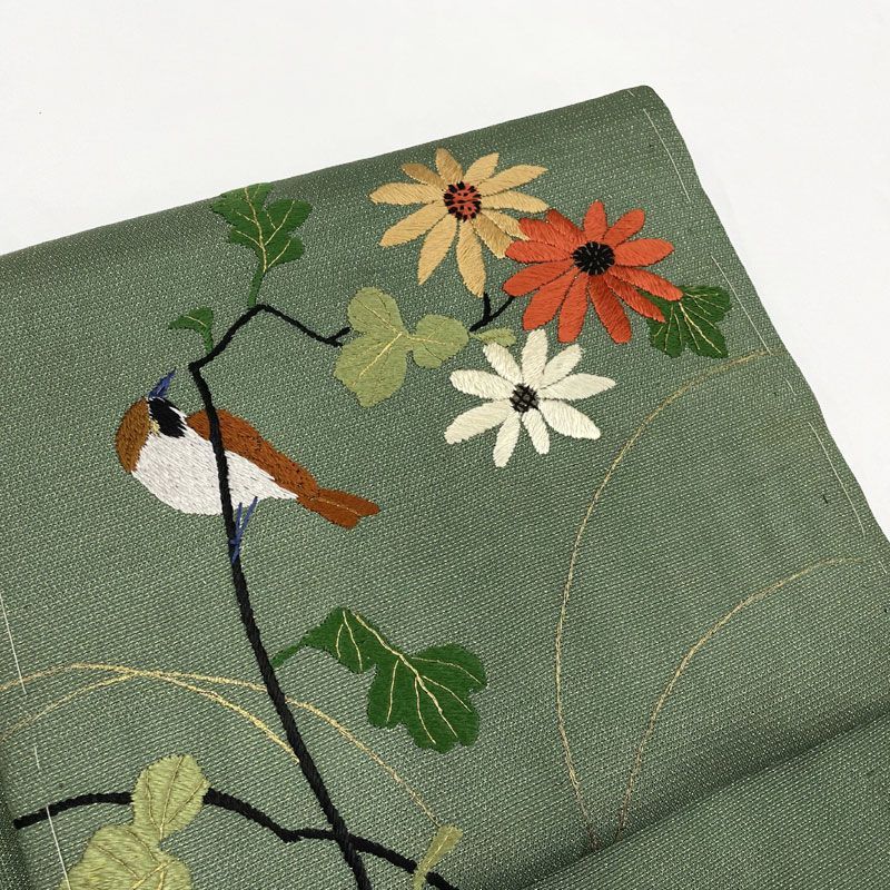 605an108◇アンティーク名古屋帯 刺繍 すずめ 枝に花 金通し 大正
