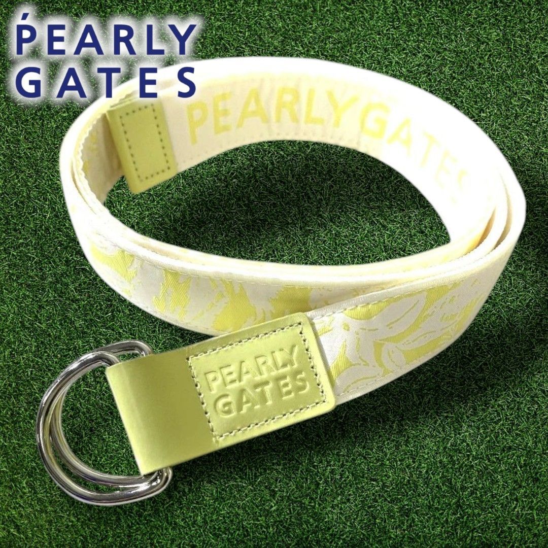 PEARLY GATES パーリーゲイツ ゴルフ 日本製 ボタニカル柄 総柄 テープベルト リングベルト ユニセックス 053-3282600 定価1.7万 イエロー ホワイト FR ▲031▼60428w05