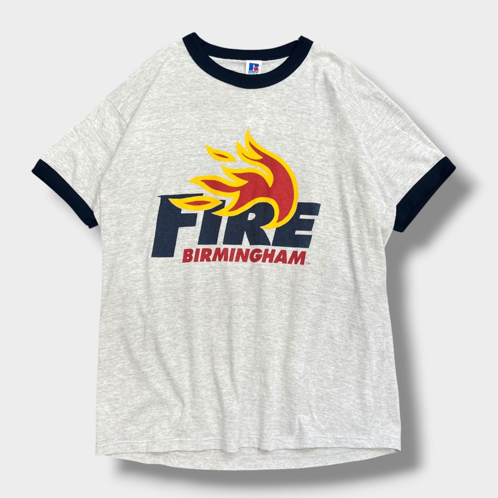 USA製 Russell Athletic FIRE ロゴ リンガーTシャツ XL グレー 
