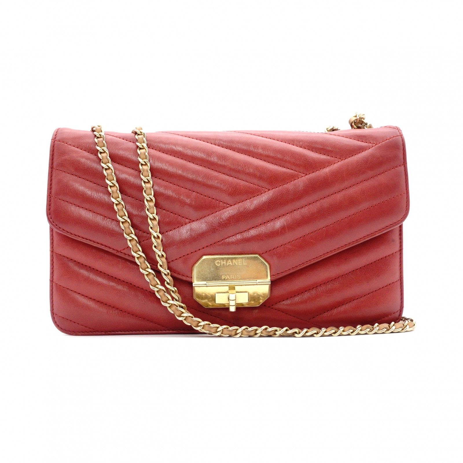 CHANEL シャネル バイアスステッチ ショルダーバッグ レザー レッド