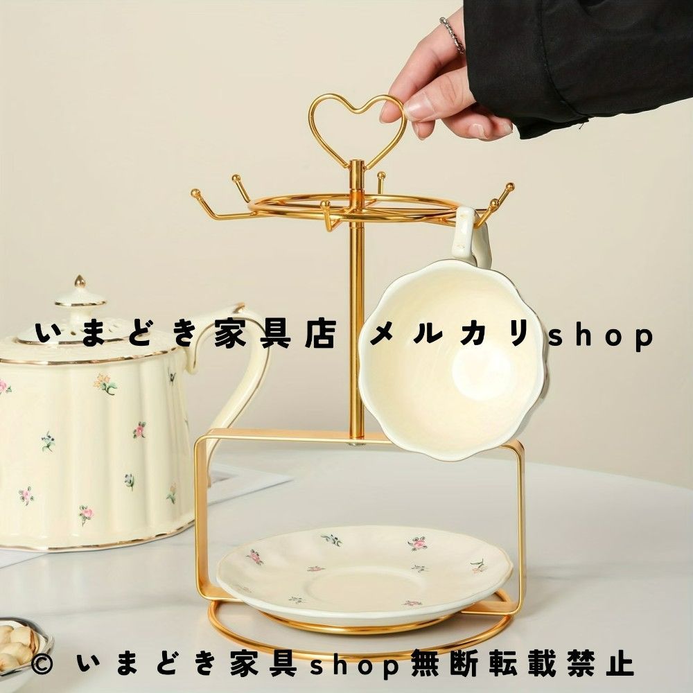 コーヒーマグラック アイアン製 収納ラック カップスタンド 食器収納ラック キッチン整理棚 6カップ＆6皿収納可能 おしゃれ北欧風キッチン収納ラック カフェ風ディスプレイラック ティーカップホルダー キッチンカウンター整理用品 食器収納スタンド 新生活キッチン