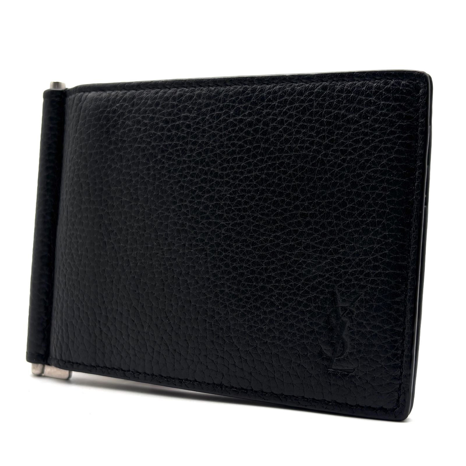 未使用に近い YVES SAINT LAURENT イヴサンローラン マネークリップ 二つ折り財布 ビルクリップ 札入れ レザー 本革 グレインレザー ブラック 黒 ロゴ 485630 メンズ 紳士 ビジネス プレゼント コンパクトウォレット YSL