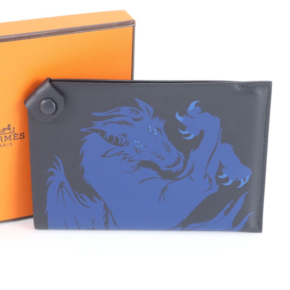 美品 エルメス D 刻印 ターマック PM ドラゴン レザー パスポートケース コンパクト ウォレット カードケース メンズ RBE DY33-10【中古】