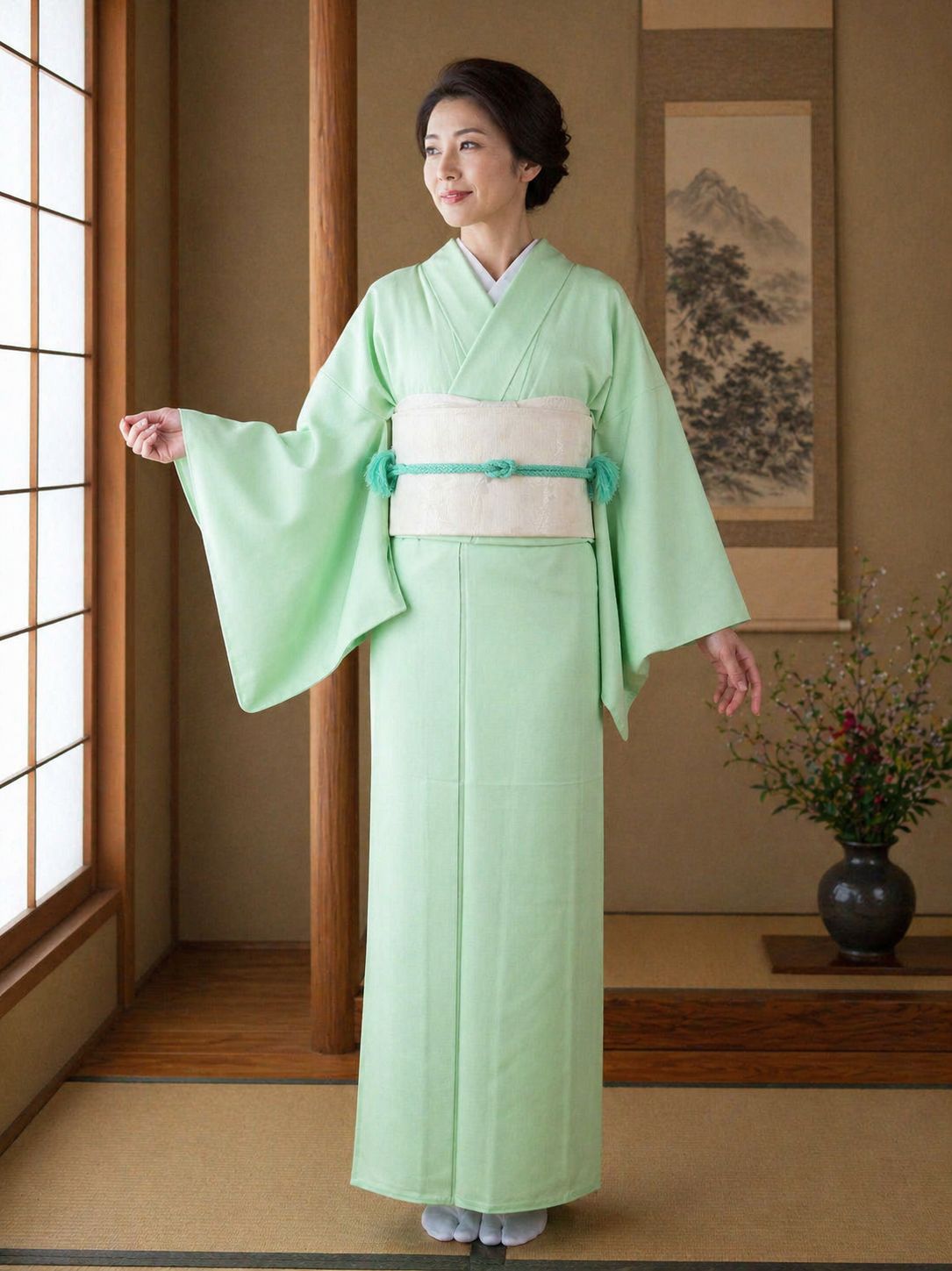 「縁」154ｃｍ～160ｃｍ 夏物 駒絽 つゆ草 小紋 正絹 Ｉ９６６ 逸品 夏着物 駒絽 色無地 一つ紋 若草色 風をまとう涼の一枚 丸に平四
