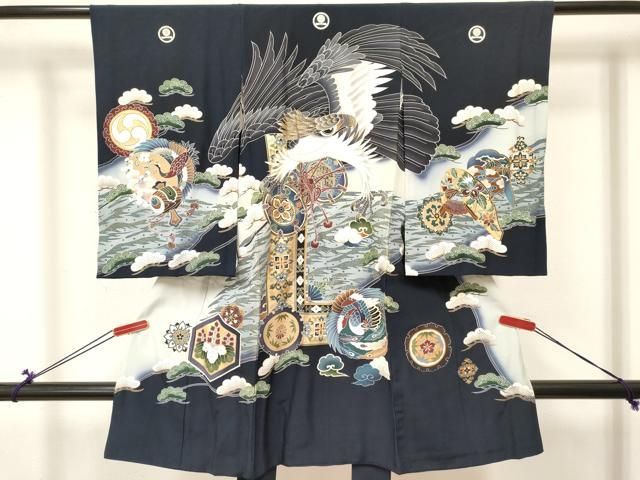 平和屋着物[]お宮参り　男の子　祝着　産着　初着　のしめ　鷹　鷲　鼓花鳥文　暈し染め　金彩　逸品　DABC5501ma