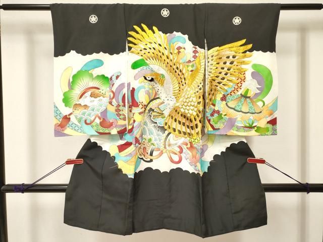 平和屋着物[]お宮参り　男の子　祝着　産着　初着　のしめ　刺繍　鷹 鷲 打ち出の小槌　花松文　暈し染め　金彩　逸品　未使用　DABC5502ma