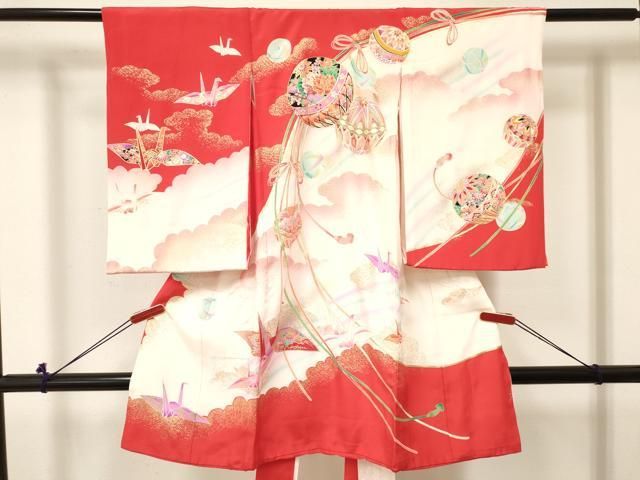 平和屋着物[]お宮参り　女の子　祝着　産着　初着　のしめ　折り鶴　鞠花文　暈し染め　金銀彩　逸品　DABC5508ma