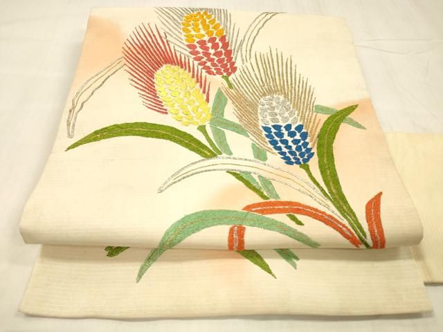 平和屋着物●アンティーク　大正ロマン　九寸名古屋帯　駒刺繍　総刺繍　草花文　金銀彩　正絹　逸品　DABE6172cm 28,860円