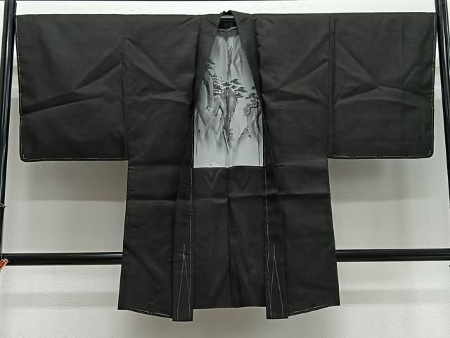 平和屋着物∞男性 長羽織 紬地 黒色 正絹 逸品 CABE4986ua