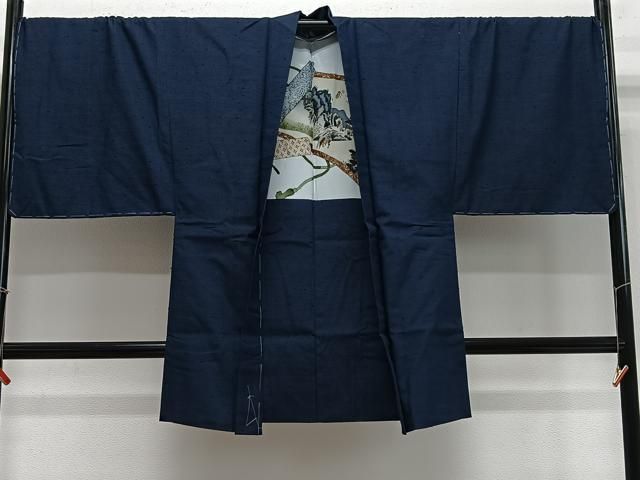 平和屋着物∞男性 長羽織 紬地 濃藍色 キングサイズ 正絹 逸品 未使用