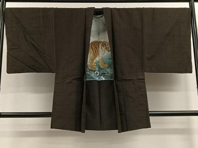 平和屋着物∞男性　羽織　紬地　赤墨色　正絹　逸品　CABE4969ua