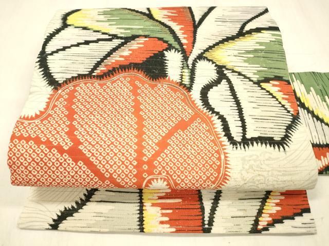 平和屋着物＊夏物　アンティーク　大正ロマン　九寸名古屋帯　絽縮緬　刺繍　鹿の子舞花文　金銀彩　正絹　逸品　DABE6146cm