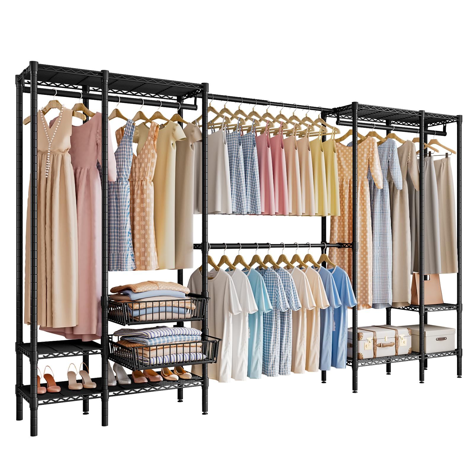 「Humrriet」ハンガーラック パイプハンガーラック 洋服ラック 洋服ハンガー ワードローブ 物干しスタンド ダブル コート掛け 衣類収納 頑丈 大容量 省スペース 組立簡単 （249~297）*39*192cm ブラック